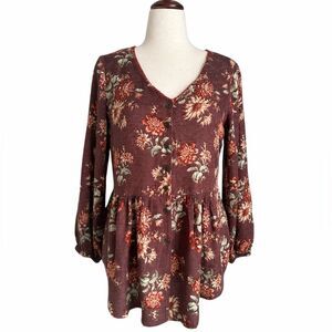 April Cornell Floral Tunic Peasant Top Brown Button Front Boho Cottagecore Small